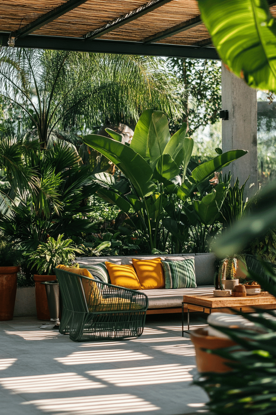 Terrasse mit grünen Pflanzen und gemütlicher Sitzgelegenheit.