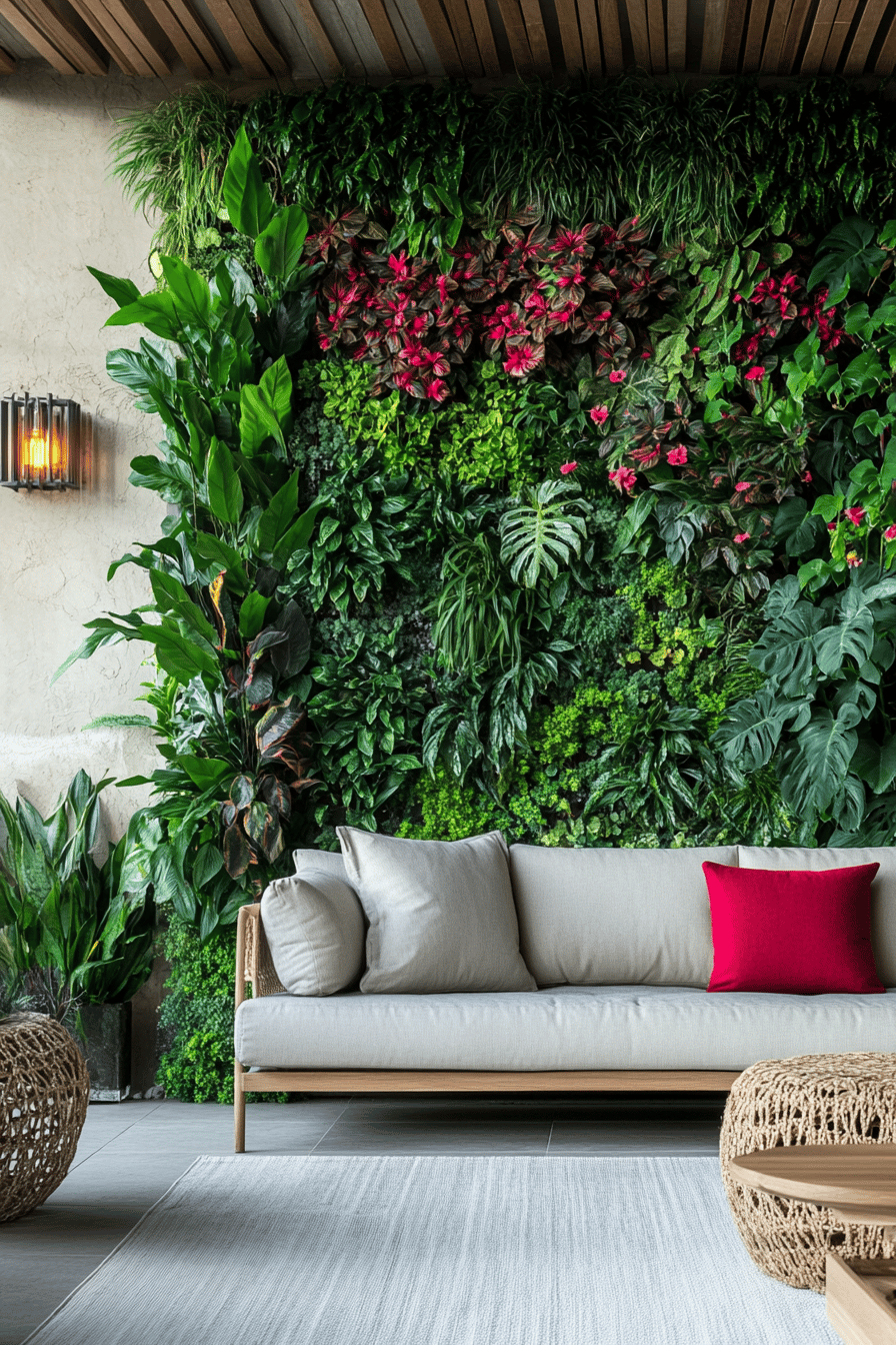 Ein gemütlich eingerichteter Außenbereich mit einer üppigen grünen Pflanzenwand im Hintergrund.