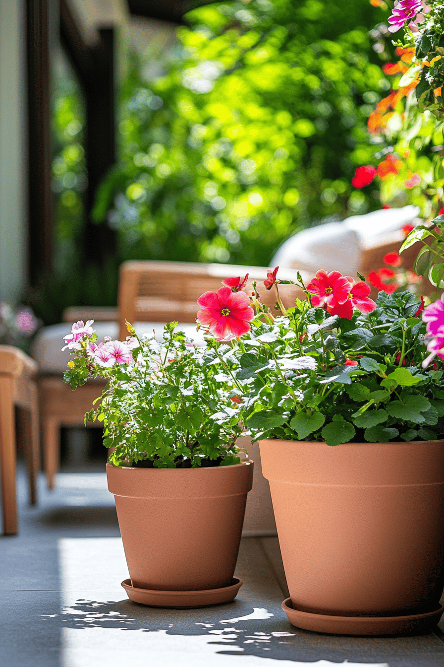 Bunte Blumentöpfe auf der Terrasse mit grünem Hintergrund.
