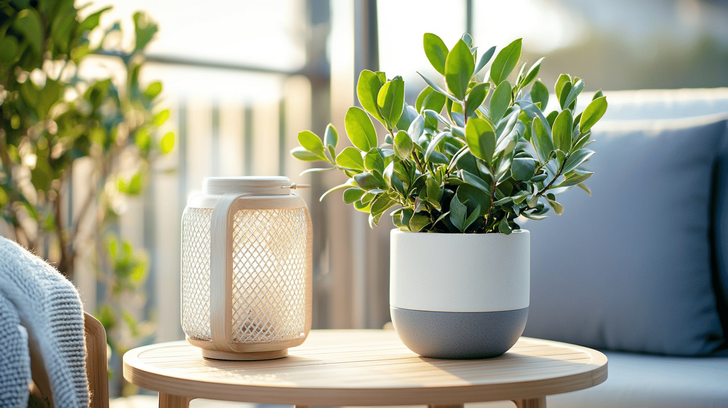 Dekotisch mit Pflanze und Laterne