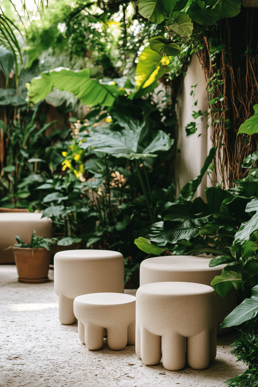 Moderne Hocker in einem üppig grünen Terrassenbereich.