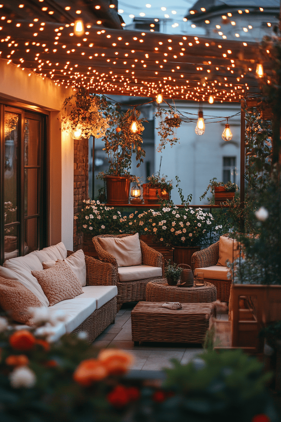 Terrasse beleuchtet mit Lichterketten und gemütlichen Sitzgelegenheiten.