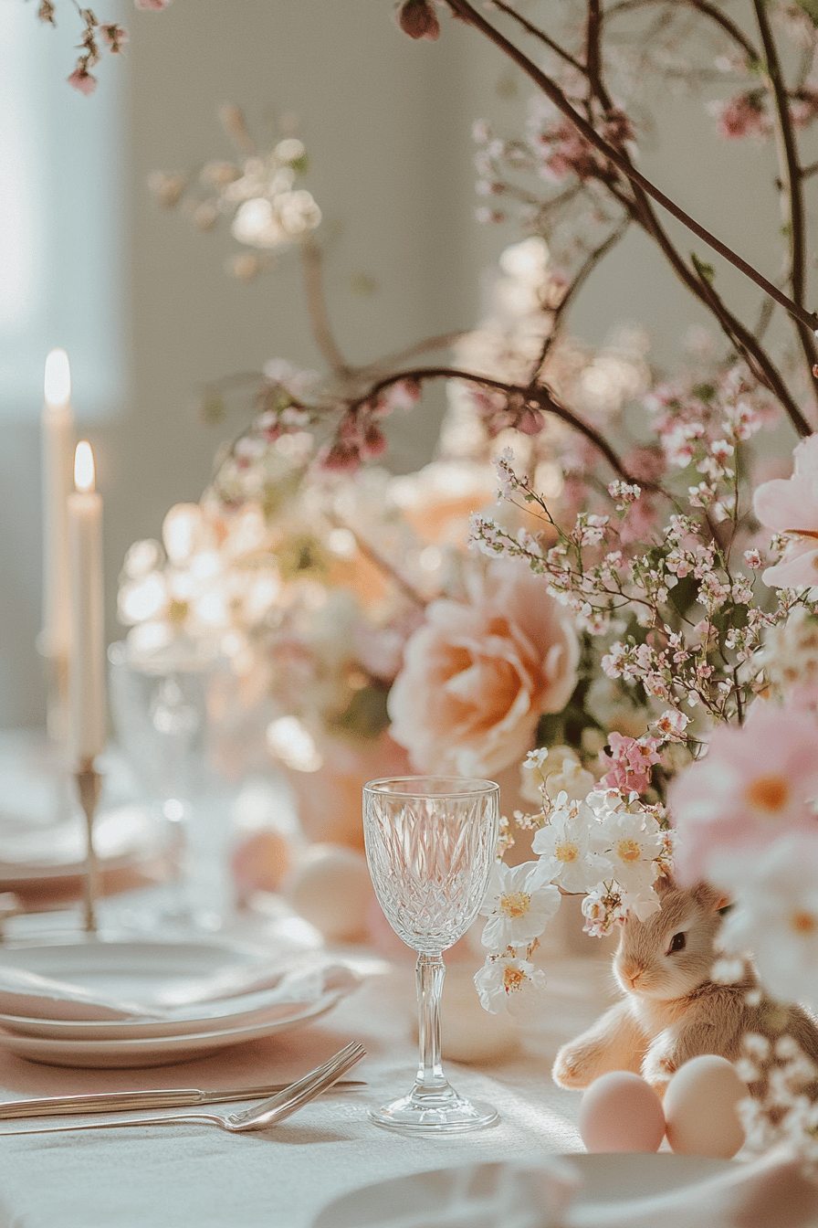 Ein schön gedeckter Tisch mit Frühlingsblumen, Kerzen und dekorativen Eiern.