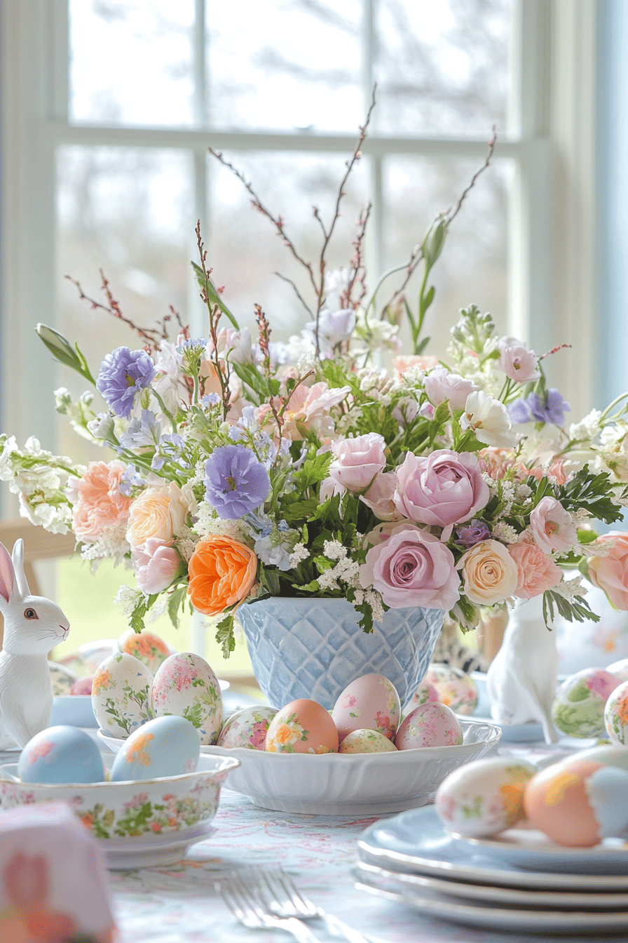 Ein Tisch mit Osterhasenfiguren, Blumenstrauß und bunt bemalten Eiern.
