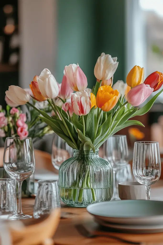 Tulpen in Vase auf gedecktem Tisch