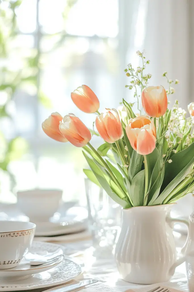 Frühlingshafte Tulpen in weißer Vase auf Tisch