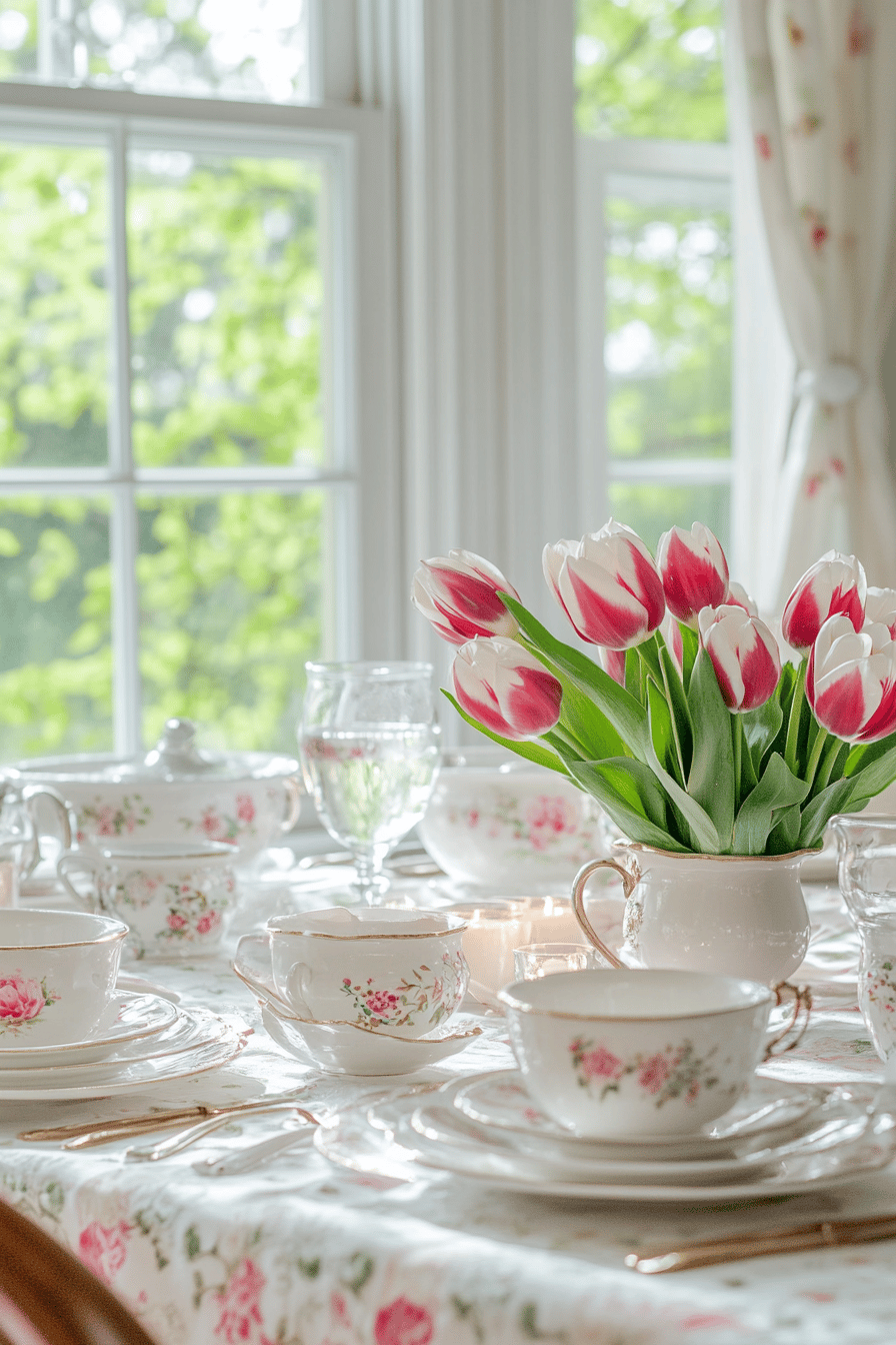 Romantisch gedeckter Tisch mit Tulpen und Porzellangeschirr.
