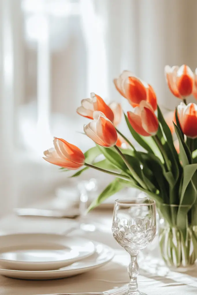 Tischgedeck mit Tulpenstrauß und Weinglas