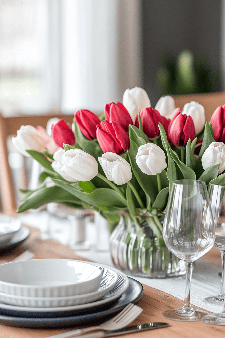 Tulpen in einer Vase auf einem festlichen Tisch mit Geschirr und Gläsern.