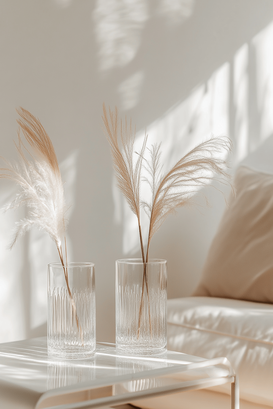 Zwei transparente Vasen mit natürlichen Federn auf einem Tisch.