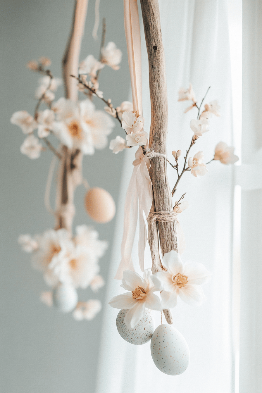 Hängende Dekoration aus Treibholz mit Blumen und Eiern.