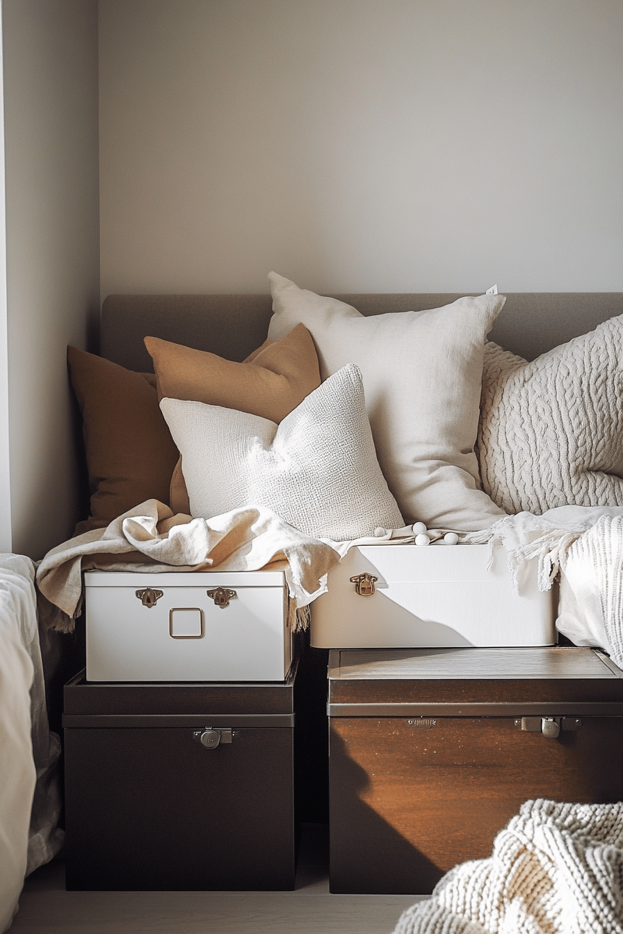 Deko-Truhen unter einem Fenster mit Kissen und Decken.