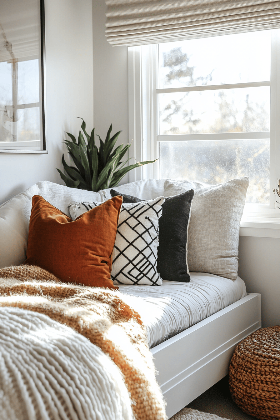 Gemütlicher Sitzbereich mit Tagesbett und mehreren dekorativen Kissen.