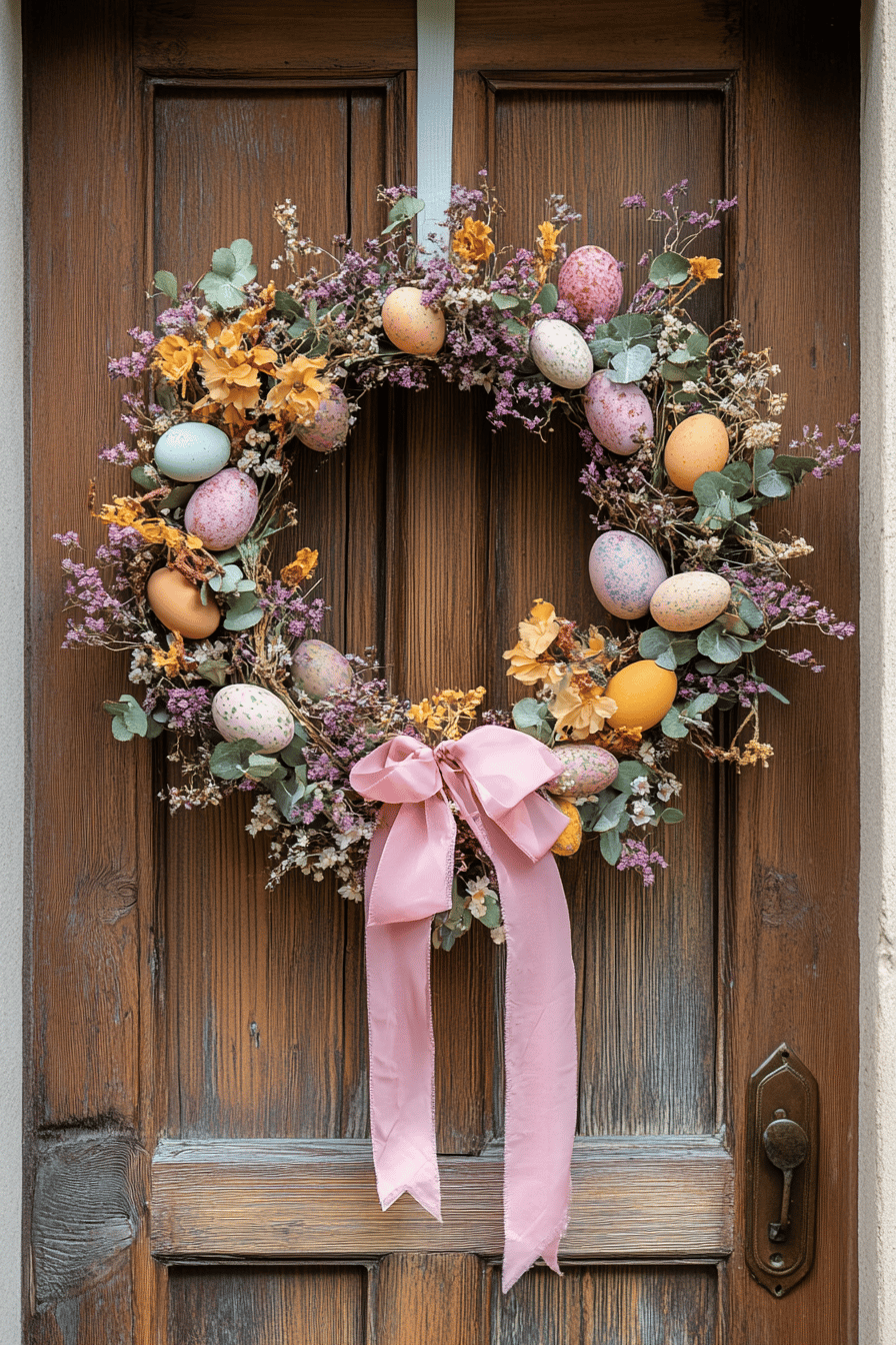 Ein Türkranz aus Trockenblumen und bunten Ostereiern auf einer Holztür.