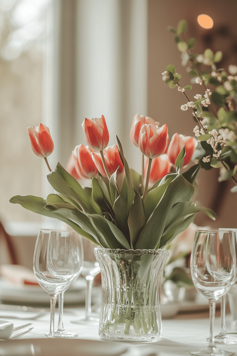 Rote Tulpen in einer Glasvase, umgeben von grünem Eukalyptus auf einem gedeckten Tisch.