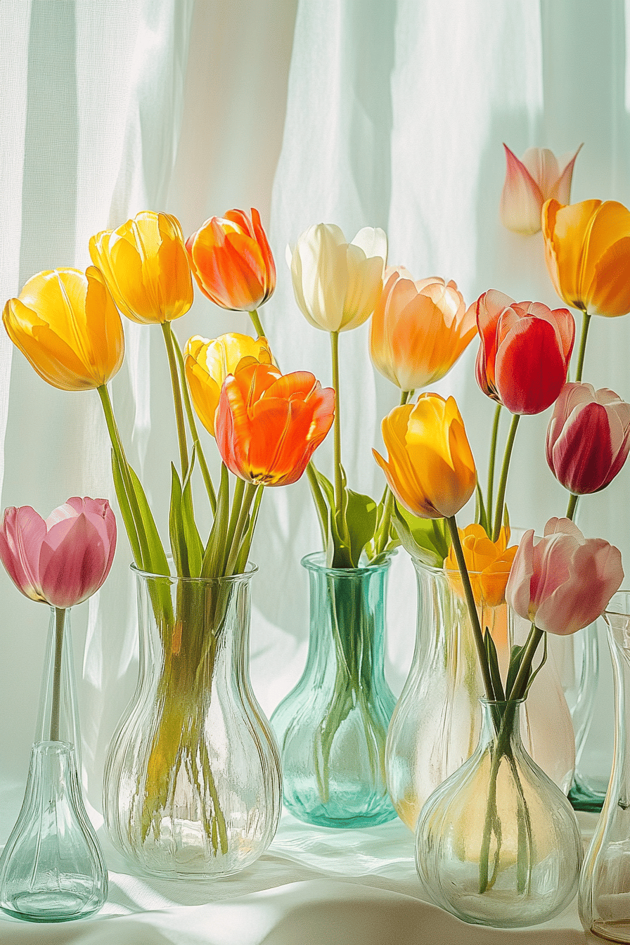 Verschiedene bunte Tulpen in Glasvasen vor einem hellen Hintergrund.