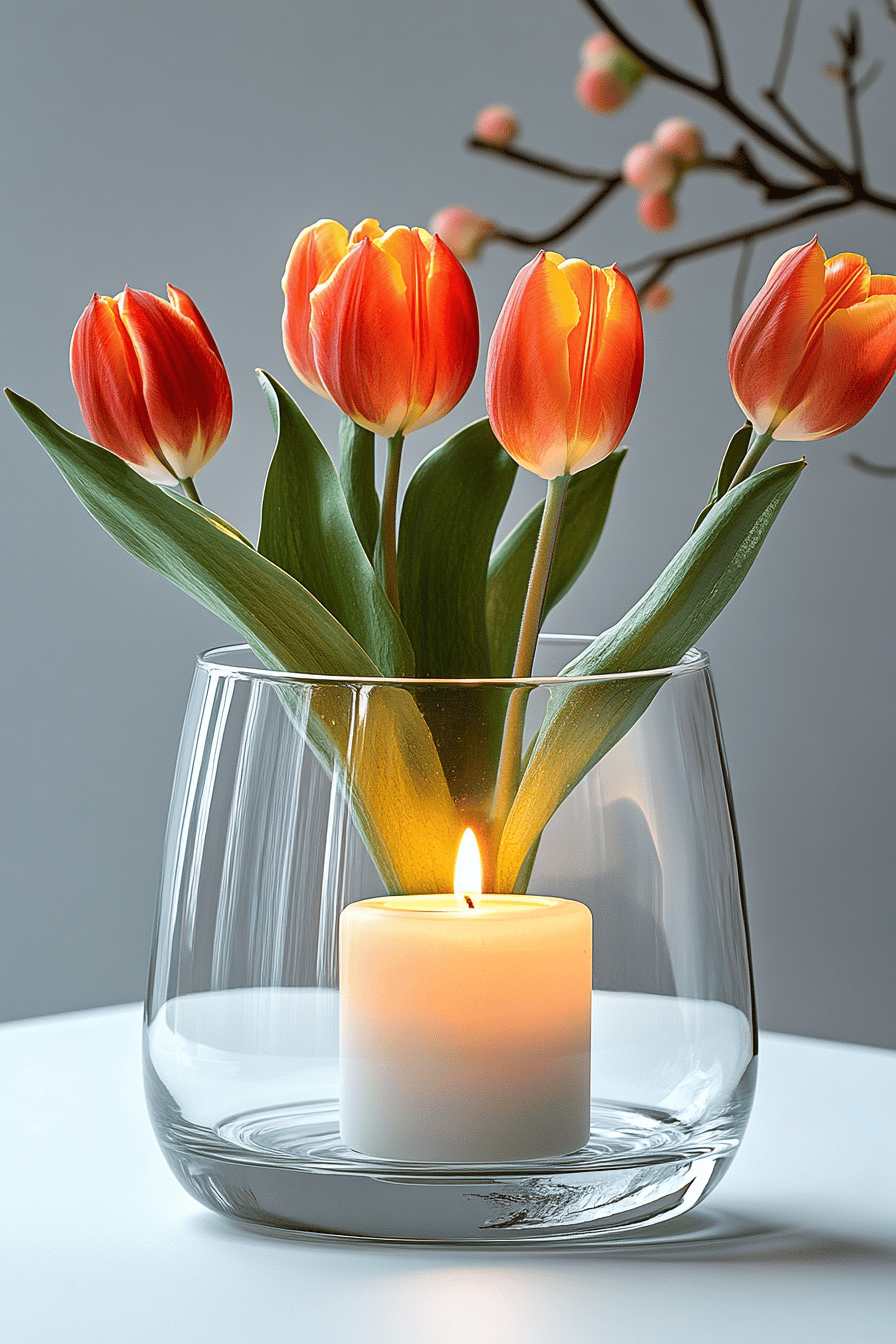 Ein Arrangement von orangen Tulpen mit einer brennenden Kerze in einem Glasgefäß.