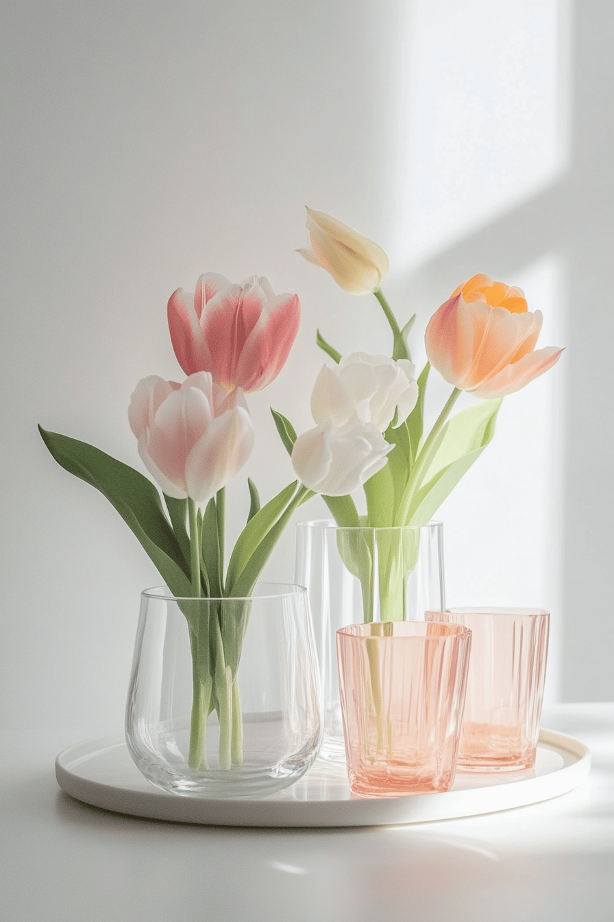Bunte Tulpen in klaren Glasvasen auf einem Tablett.