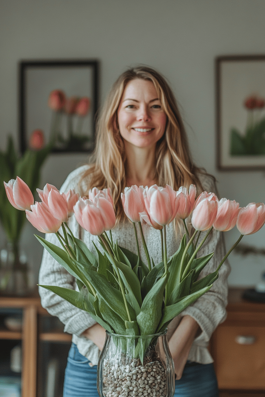 Eine Frau steht mit einem Strauß rosa Tulpen in einer Glasvase.