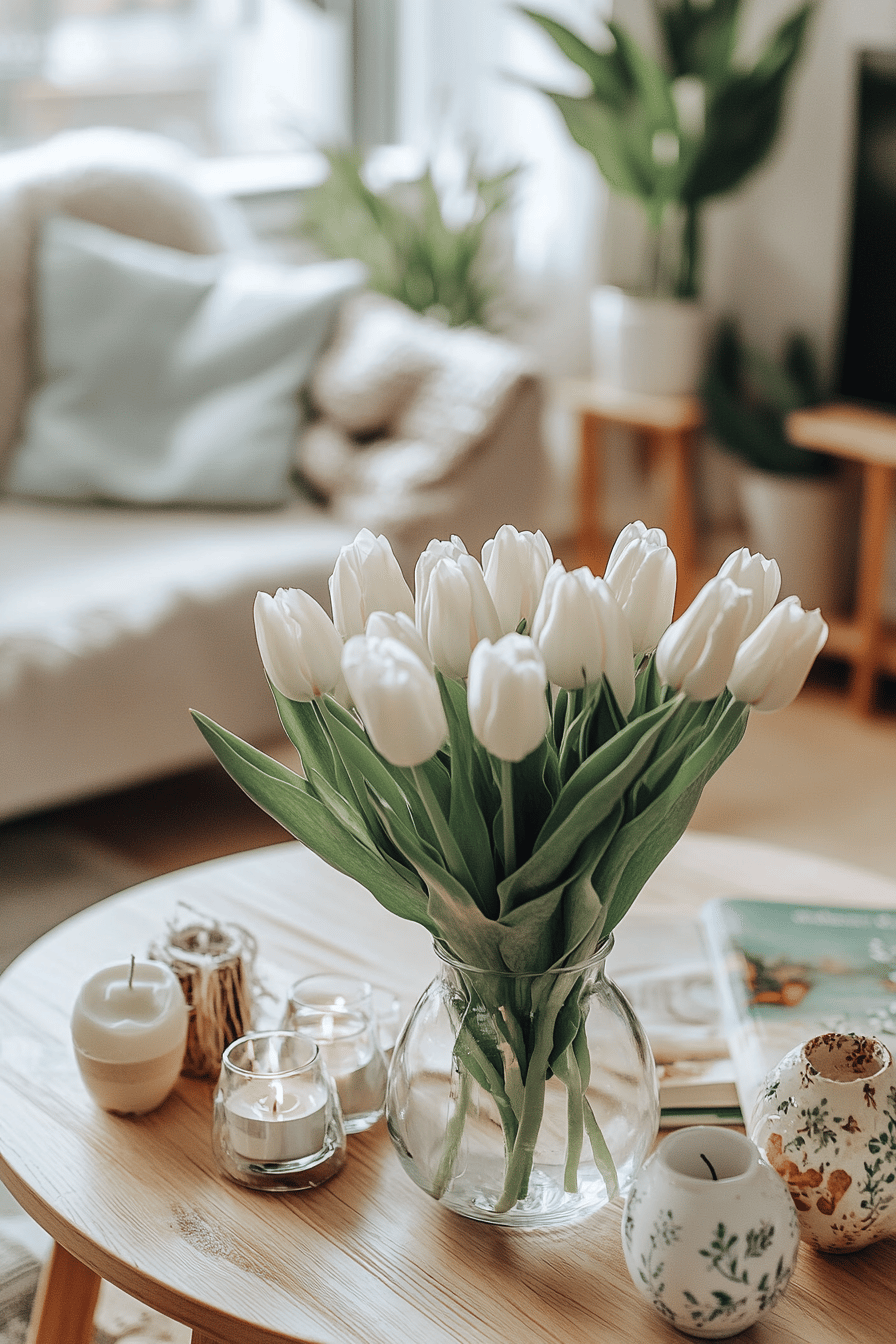 Ein Glasvase mit weißen Tulpen auf einem Tisch, umgeben von Kerzen und dekorativen Objekten.