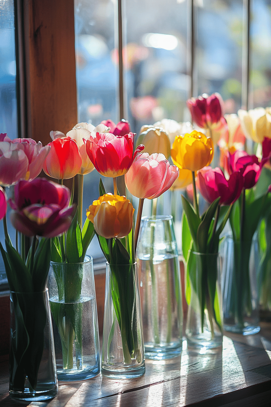 Verschiedene Tulpen in hohen Glasvasen auf einer Fensterbank.