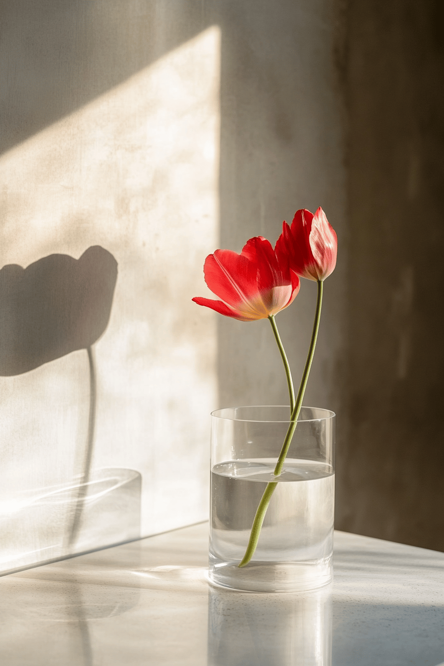 Zwei rote Tulpen in einem klaren Glasgefäß mit Wasser auf einem Tisch.