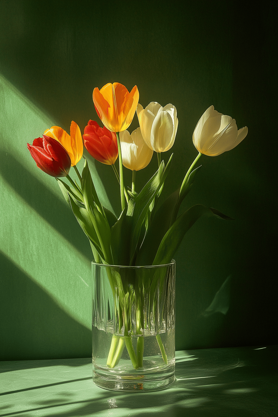 Bunte Tulpen in einem klaren Glas vor grünem Hintergrund.