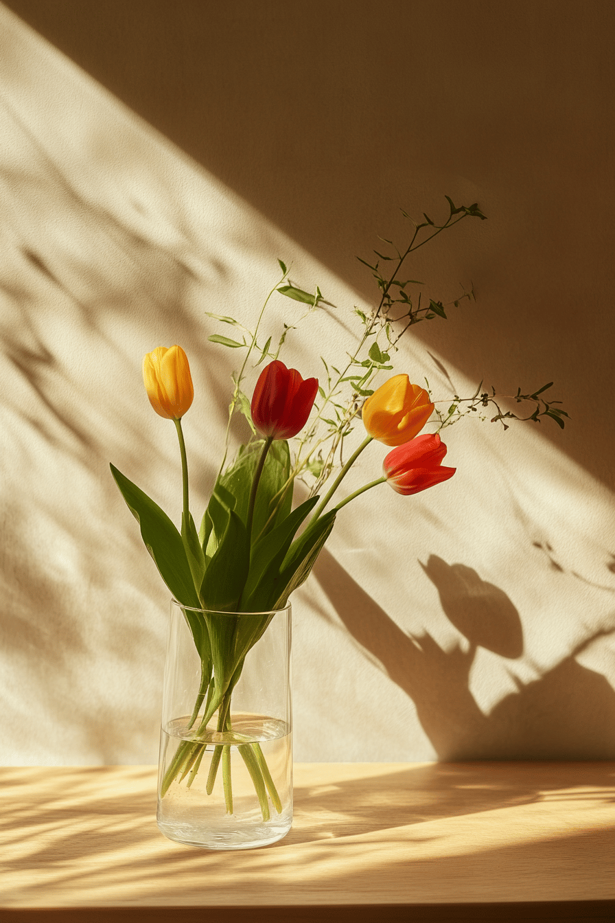Bunte Tulpen in einem klaren Glas, umgeben von zarten Kräutern.