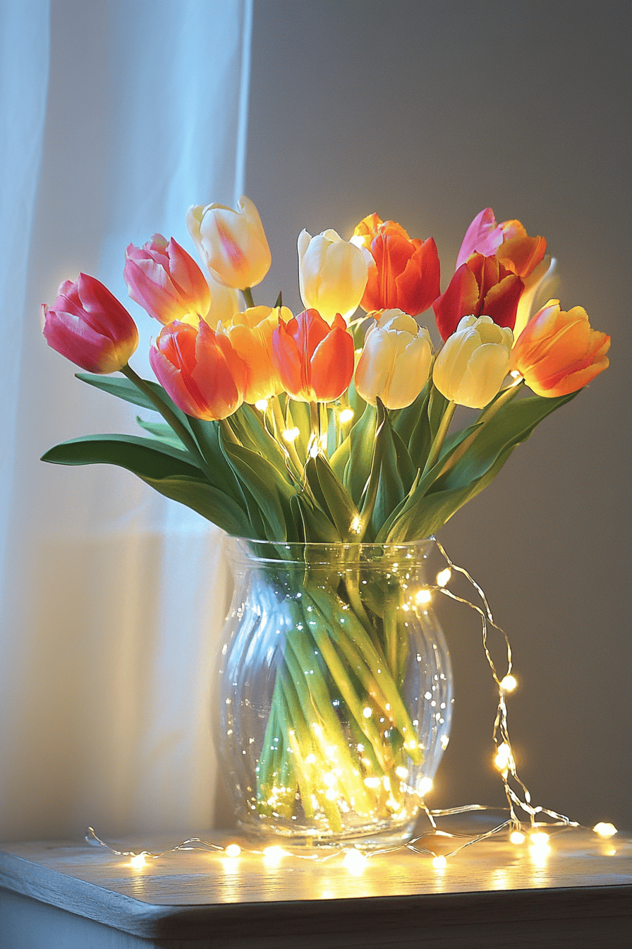 Ein Glasvase mit roten und gelben Tulpen, umgeben von einer Lichterkette.