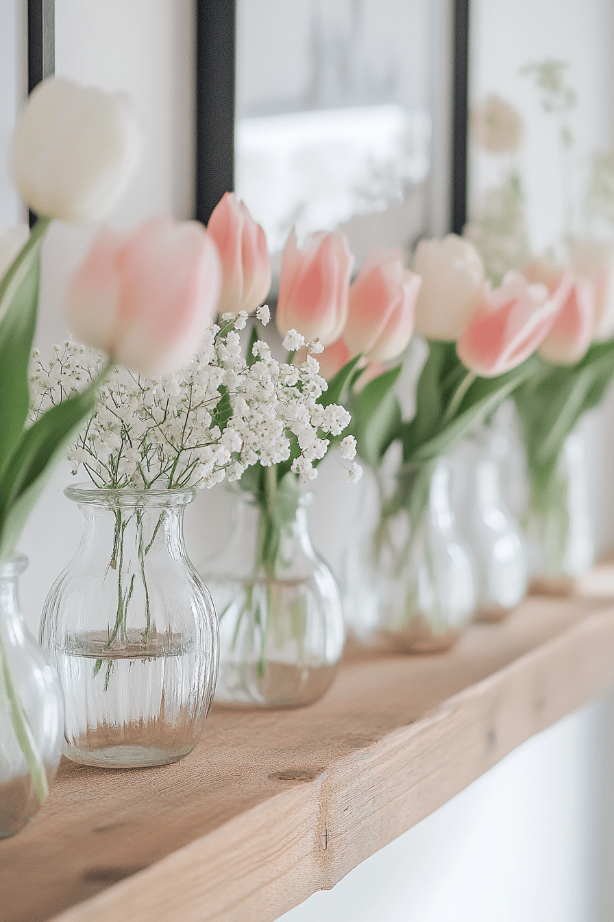 Verschiedene Glasvasen mit rosa Tulpen und Schleierkraut auf einem Holzbord.