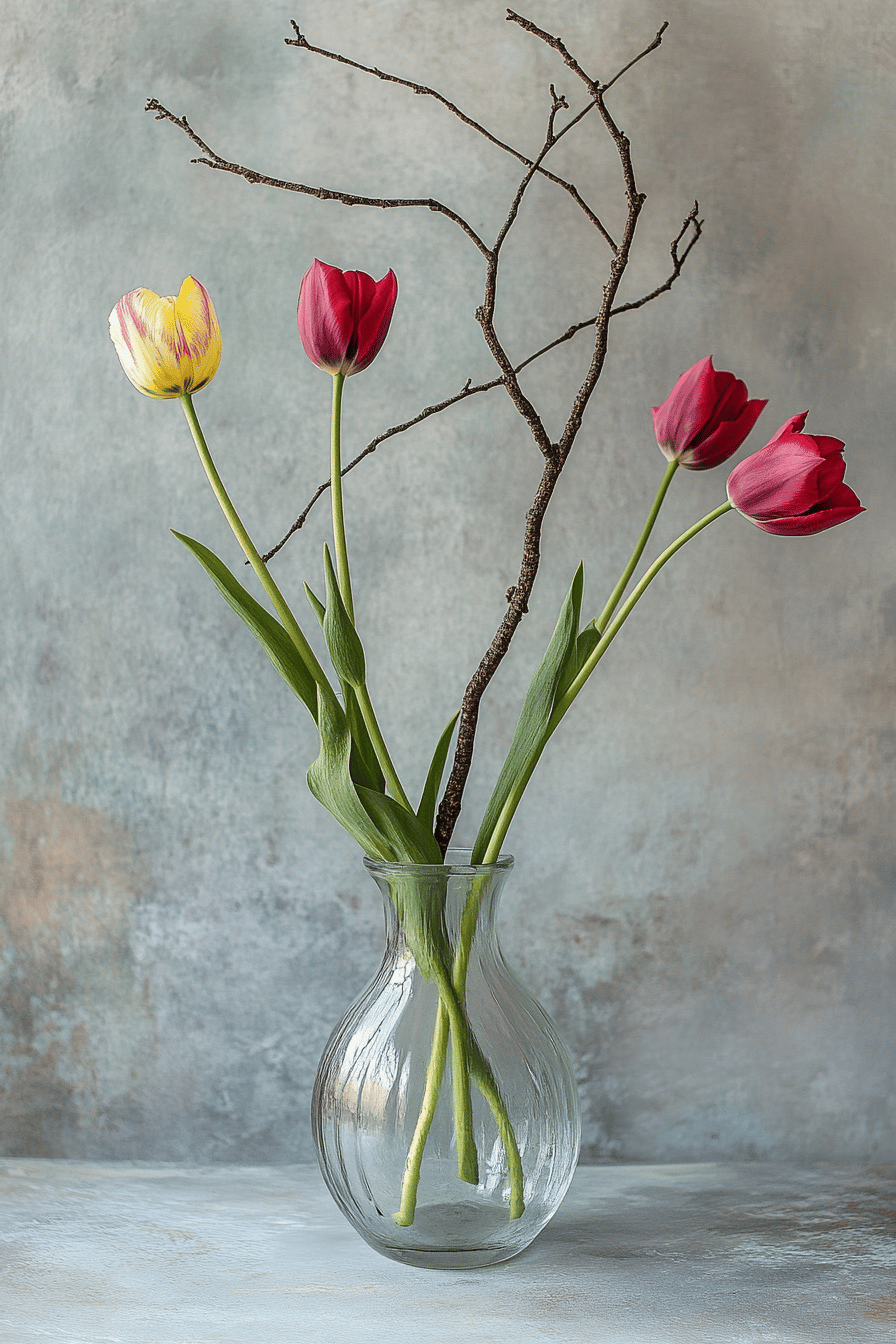 Ein Glas mit Tulpen und dünnen Zweigen.