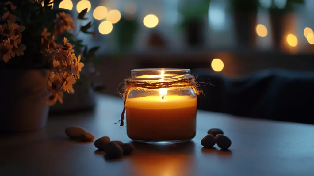 Brennende Kerze auf Tisch mit Blumen und Steinen.