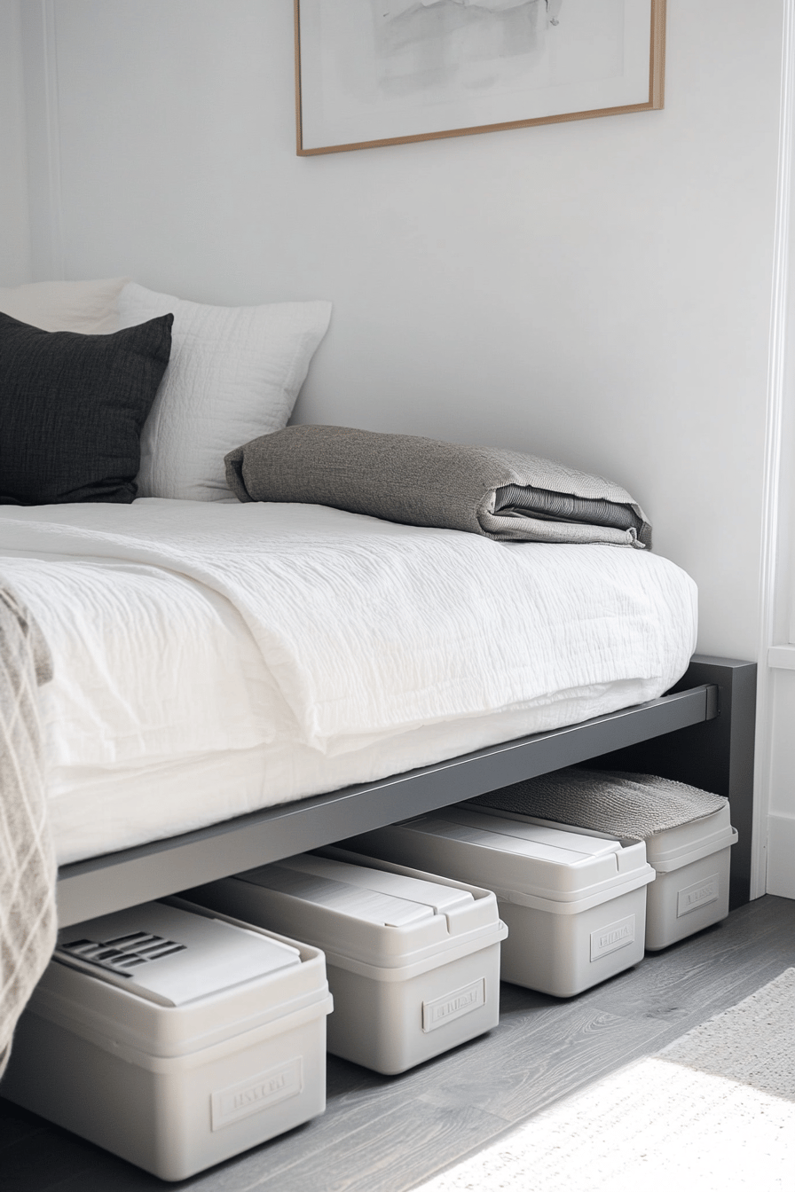 Schlafzimmer mit Unterbettkisten zur Aufbewahrung unter dem Bett.