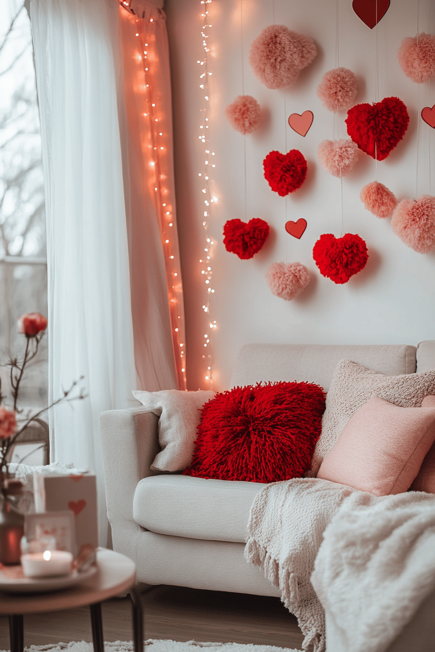 Gemütlicher Raum mit Pompon Girlanden und roten Kissen zur Valentinstagsdekoration.