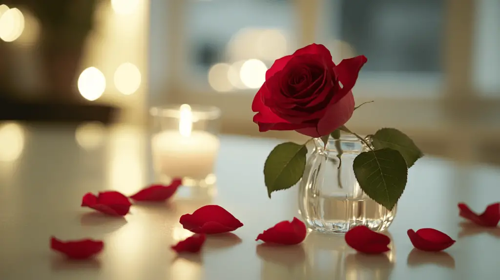 Rote Rose mit Kerze im Hintergrund