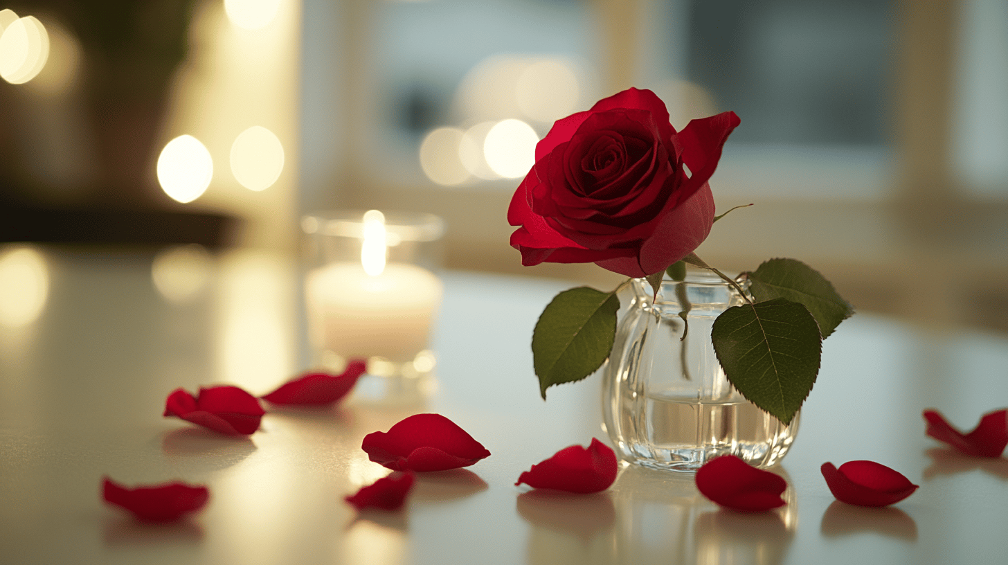 Rote Rose mit Kerze im Hintergrund
