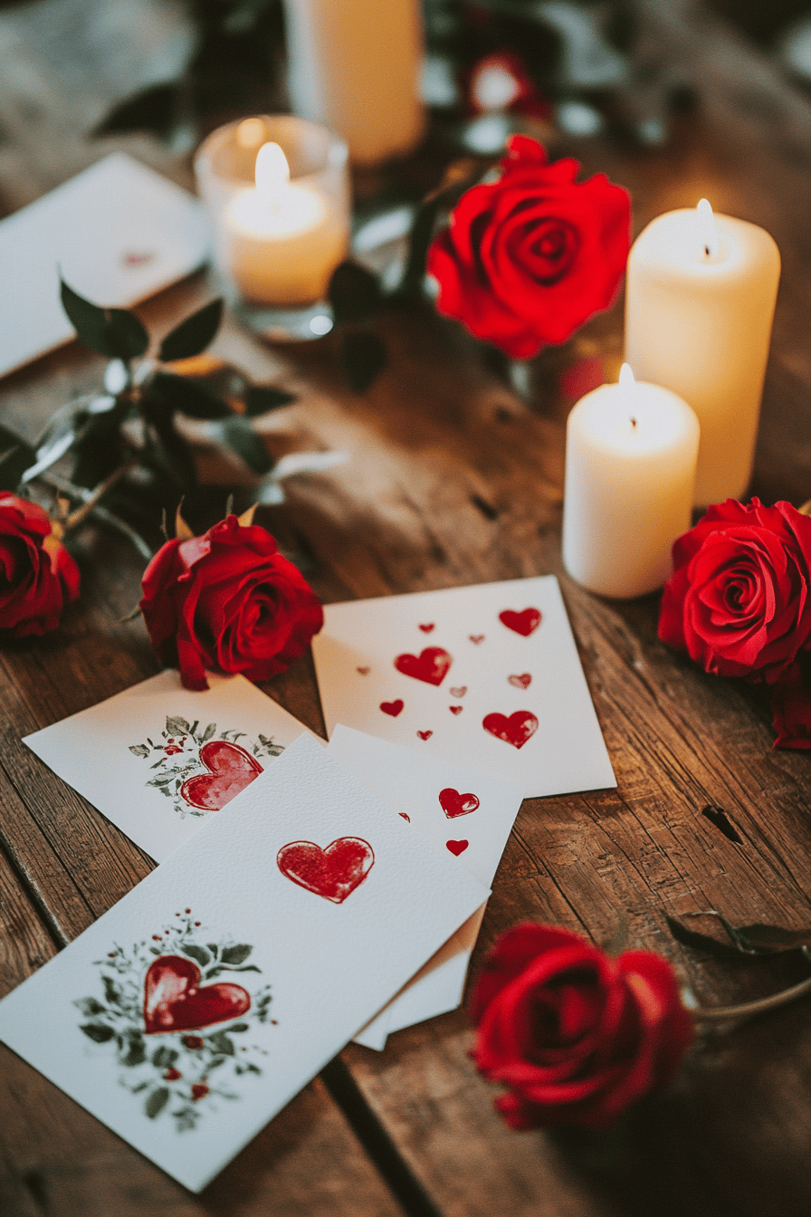 Selbstgemachte Valentinstag-Karten mit roten Herzen und Rosen auf einem Holztisch.