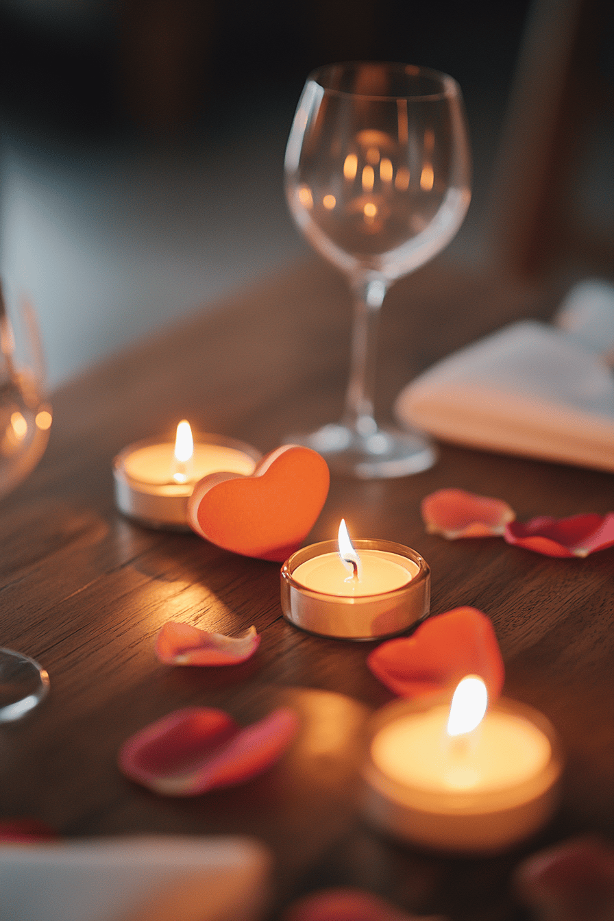 Romantisches Arrangement mit Teelichtern, Rosenblättern und einem Herz auf einem Tisch.