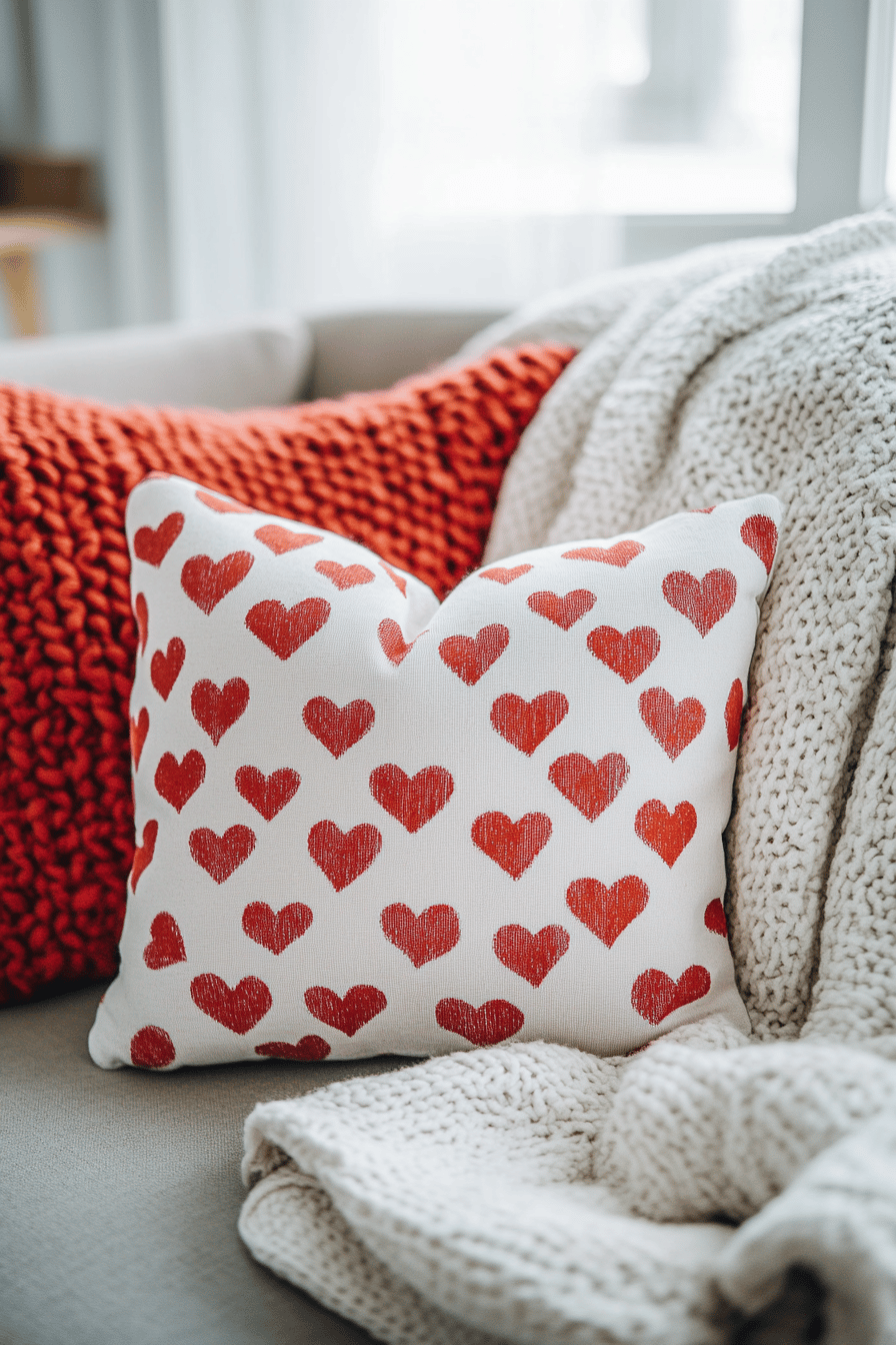 Ein dekoratives Kissen mit roten Herzmustern auf einem Sofa.