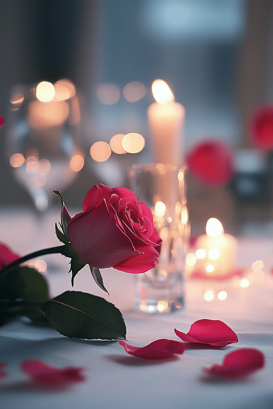 Nahaufnahme einer eleganten Tischdekoration mit roten Rosen und Kerzen.
