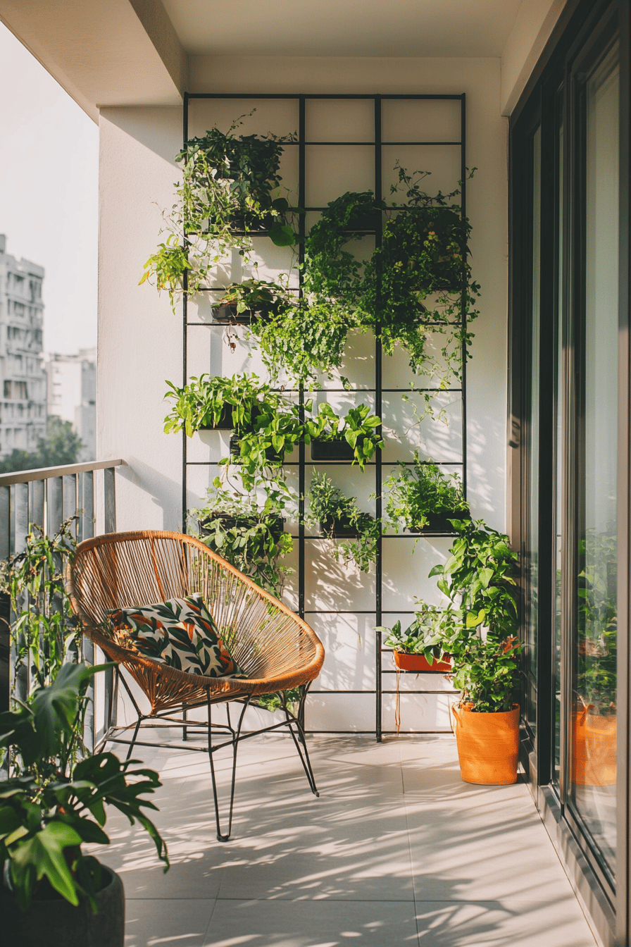 Ein kleiner Balkon mit einem vertikalen Garten und einem gemütlichen Stuhl.