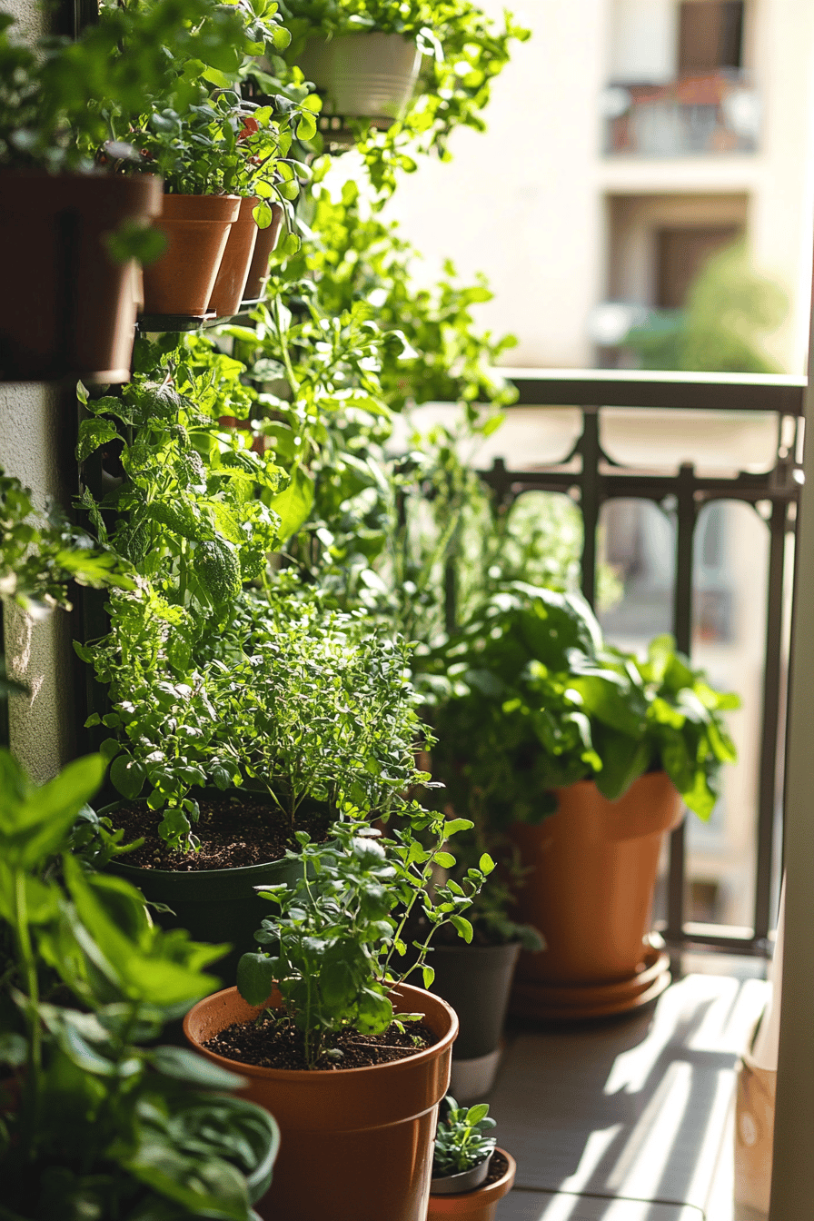 Schmaler Balkon mit üppigem vertikalen Garten voller Pflanzen in Töpfen.