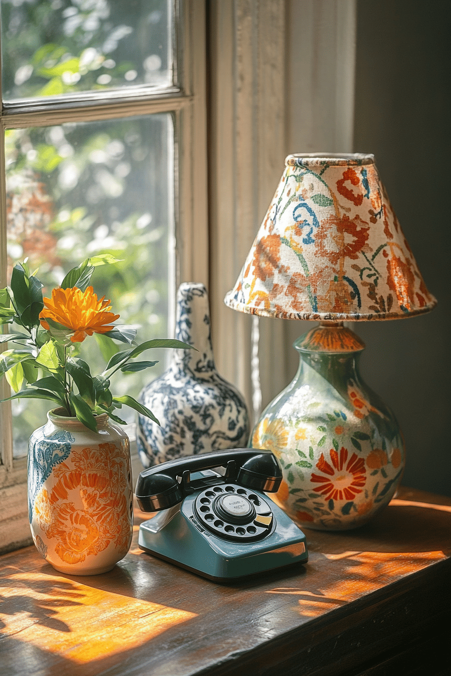 Vintage Deko mit Blumenvasen, einem Retro-Telefon und einer Tischlampe auf einer Holzoberfläche.