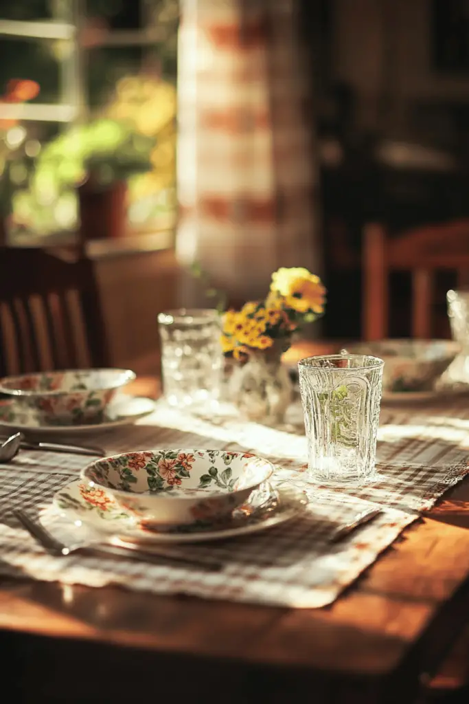Tisch mit floralem Geschirr und Sonnenlicht.