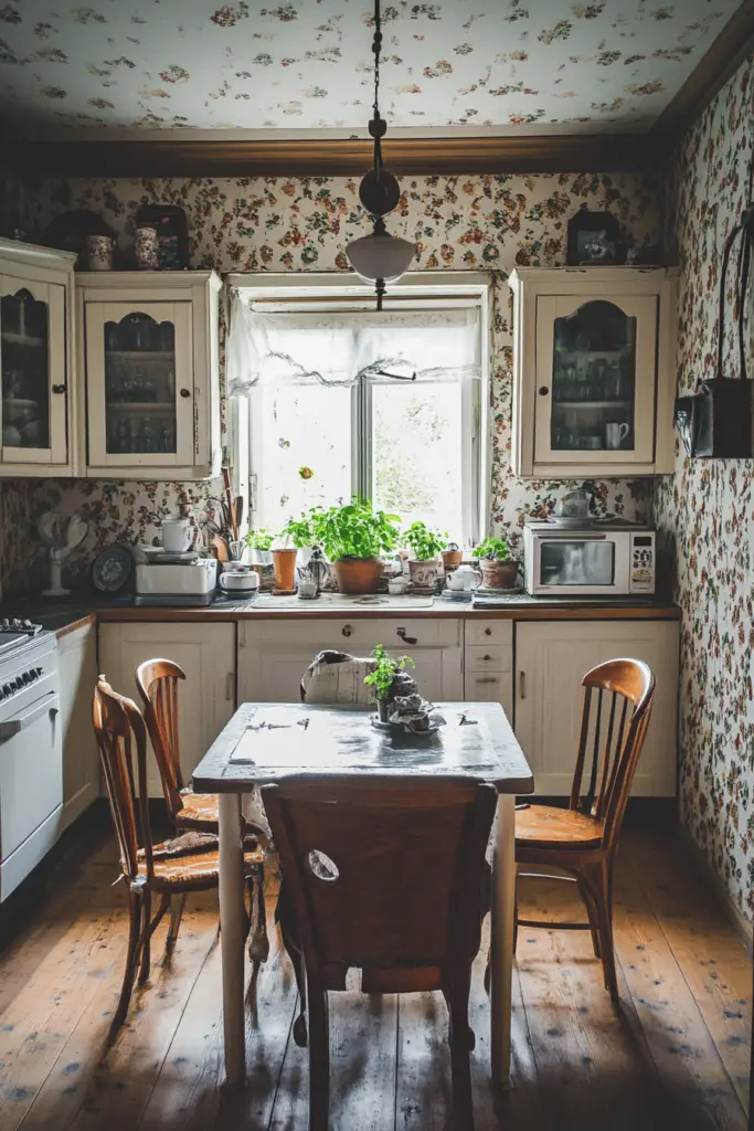 Vintage Küche mit Holzmöbeln und Pflanzen am Fenster