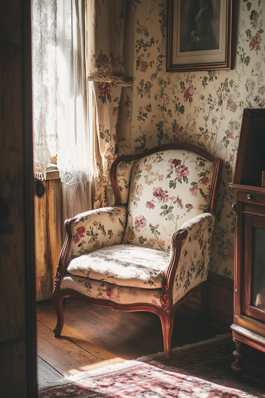 Ein gemütlicher Sessel mit Blumenmuster in einem Vintage-Zimmer.