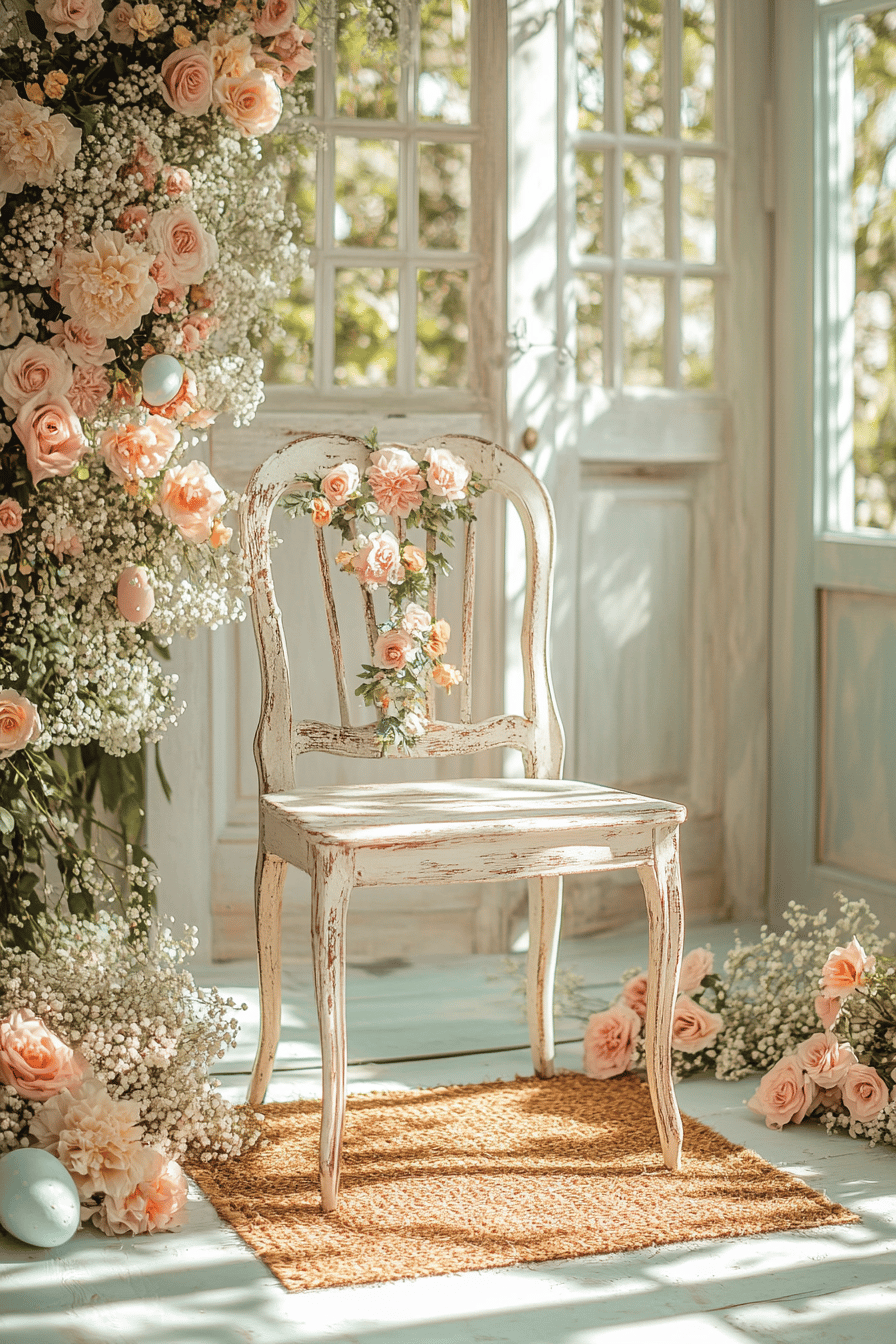 Ein vintage Stuhl, dekoriert mit Blüten und Eiern, in einem Hausflur.