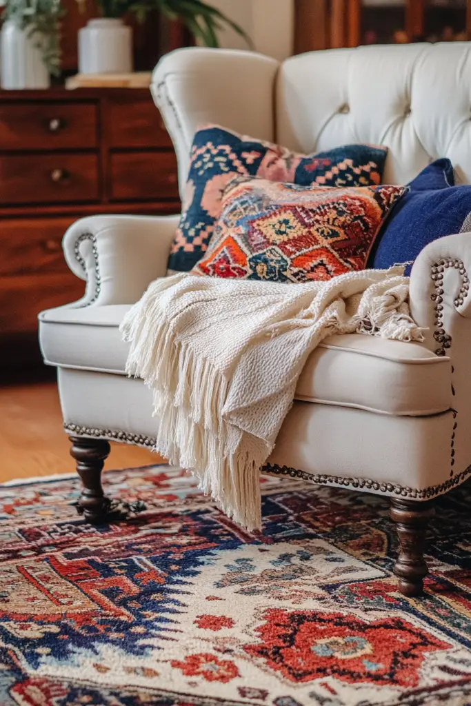 Gemütlicher Sessel mit Teppich und Kissen