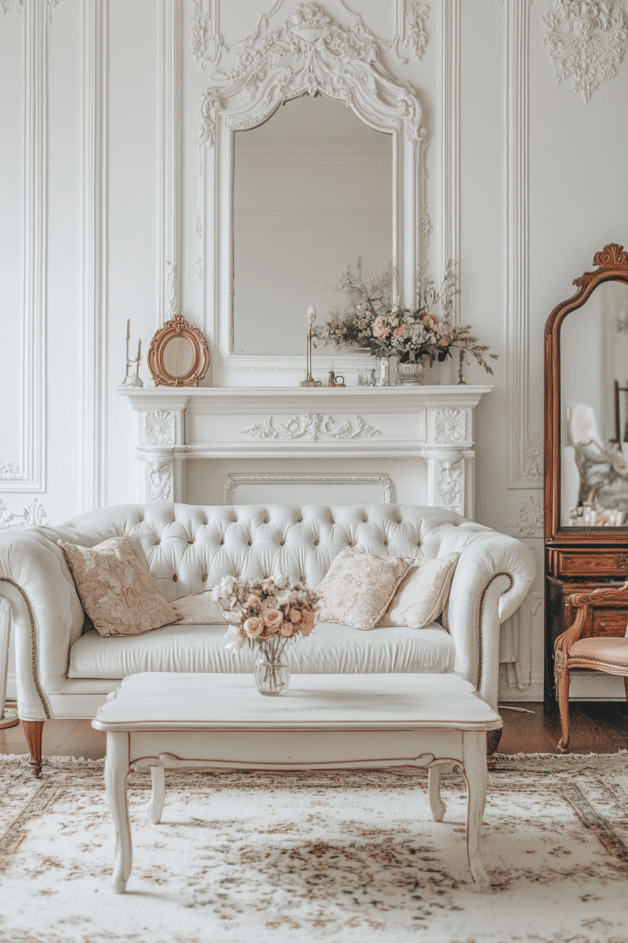 Weißer viktorianischer Salon mit Sofa, Spiegel und Tisch.