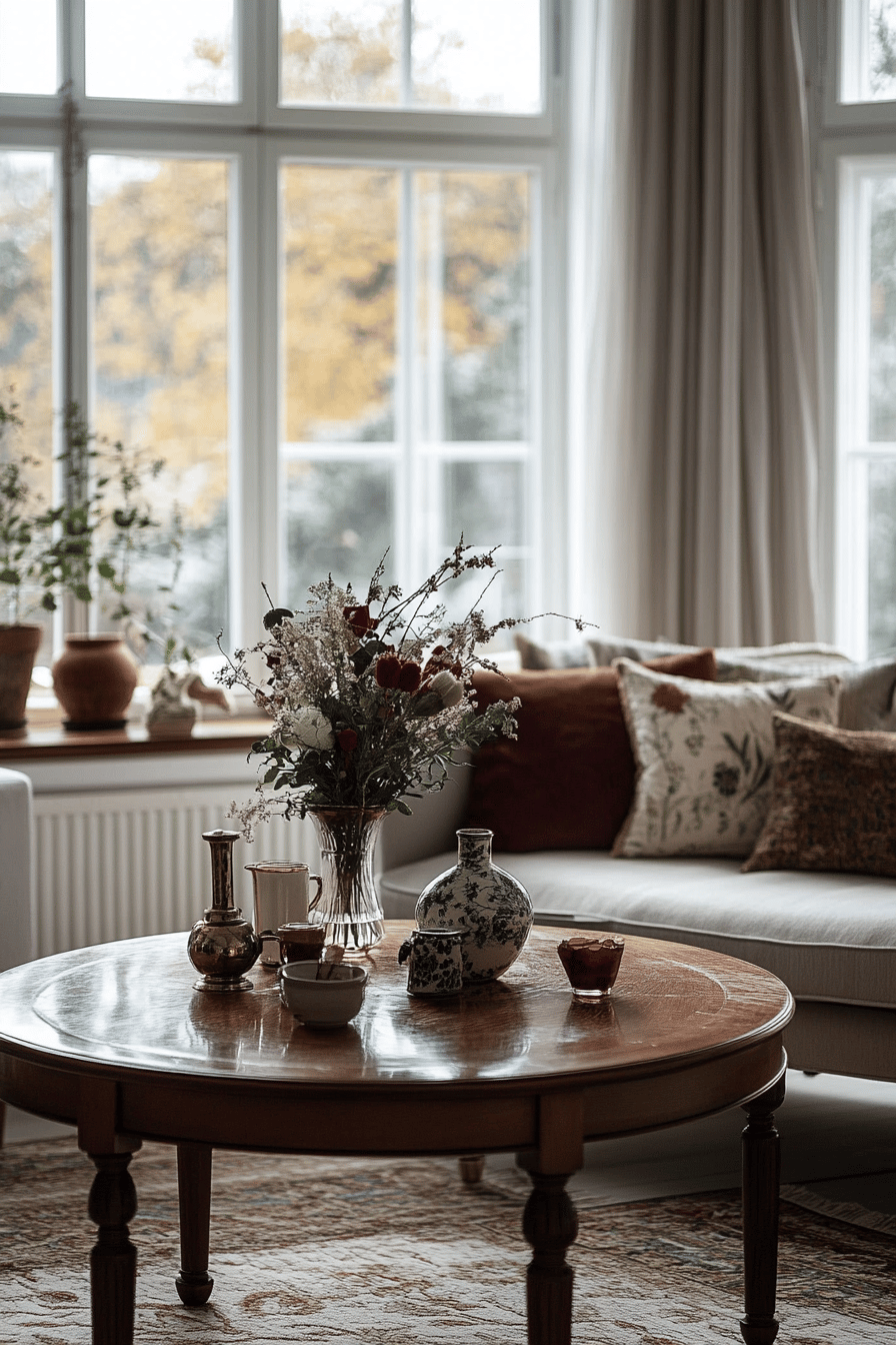 Wohnzimmer mit klassischen Möbeln und Accessoires vor einem großen Fenster.